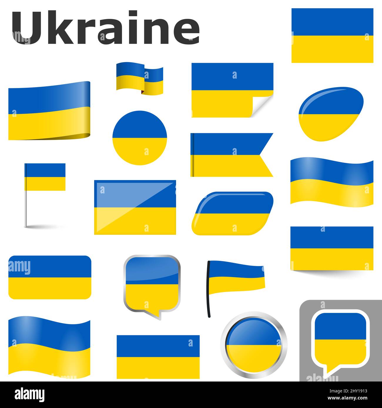 eps-Vektor-Illustration mit Sammlung von Fahnen und Knöpfen mit Nationallandfarben der Ukraine Stockfoto