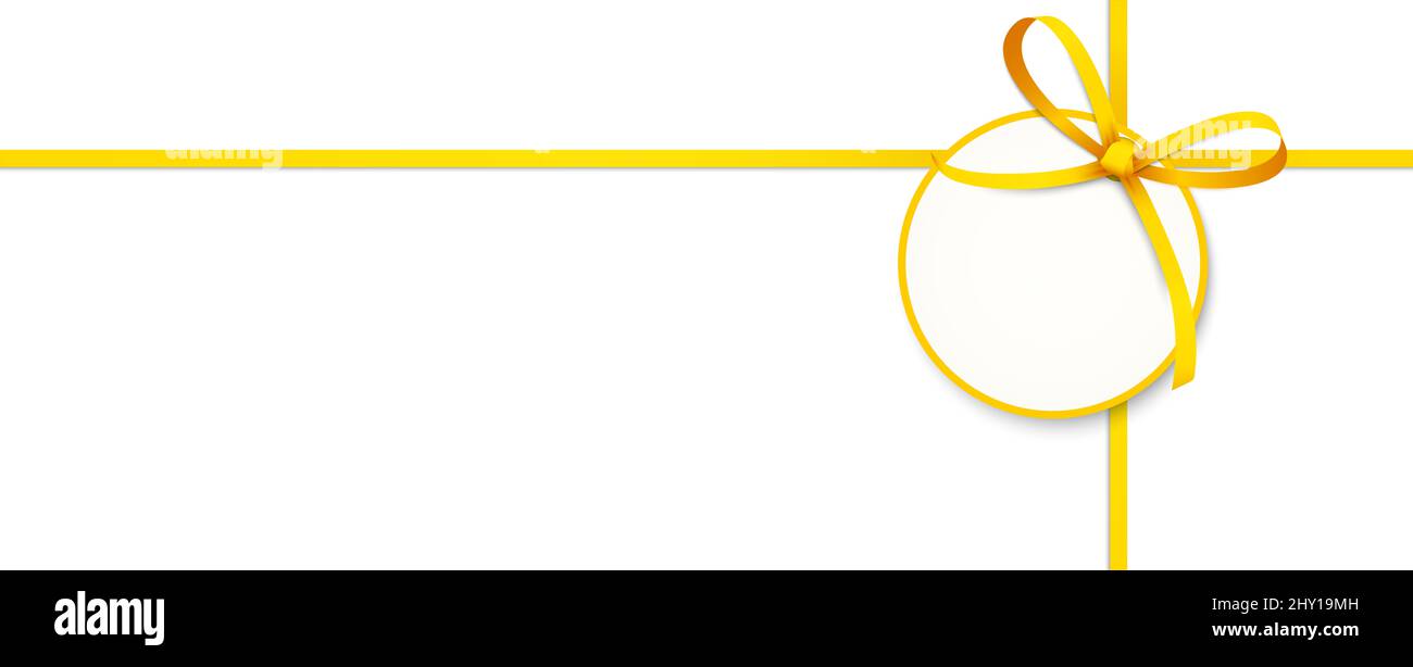 EPS 10 Vektor-Illustration von gelbem Band Bogen mit Hang-Tag und freien Text Raum isoliert auf weißem Hintergrund Stockfoto