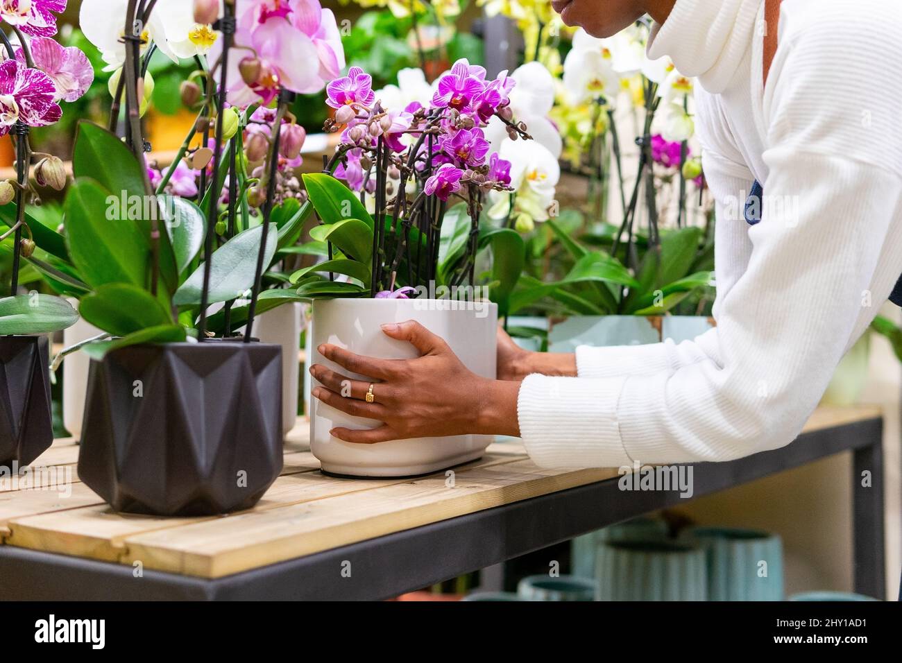 Seitenansicht einer nicht erkennbaren afroamerikanischen Floristin, die während der Arbeit in hellem Flor eine Vase mit violetten Orchidaceae-Blüten mit grünen Blättern hält Stockfoto