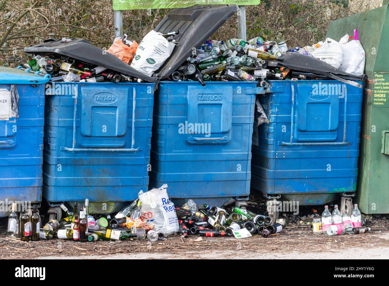 Überlaufende Glasrecyclingbehälter mit vielen Flaschen im Recycling Center, Großbritannien Stockfoto