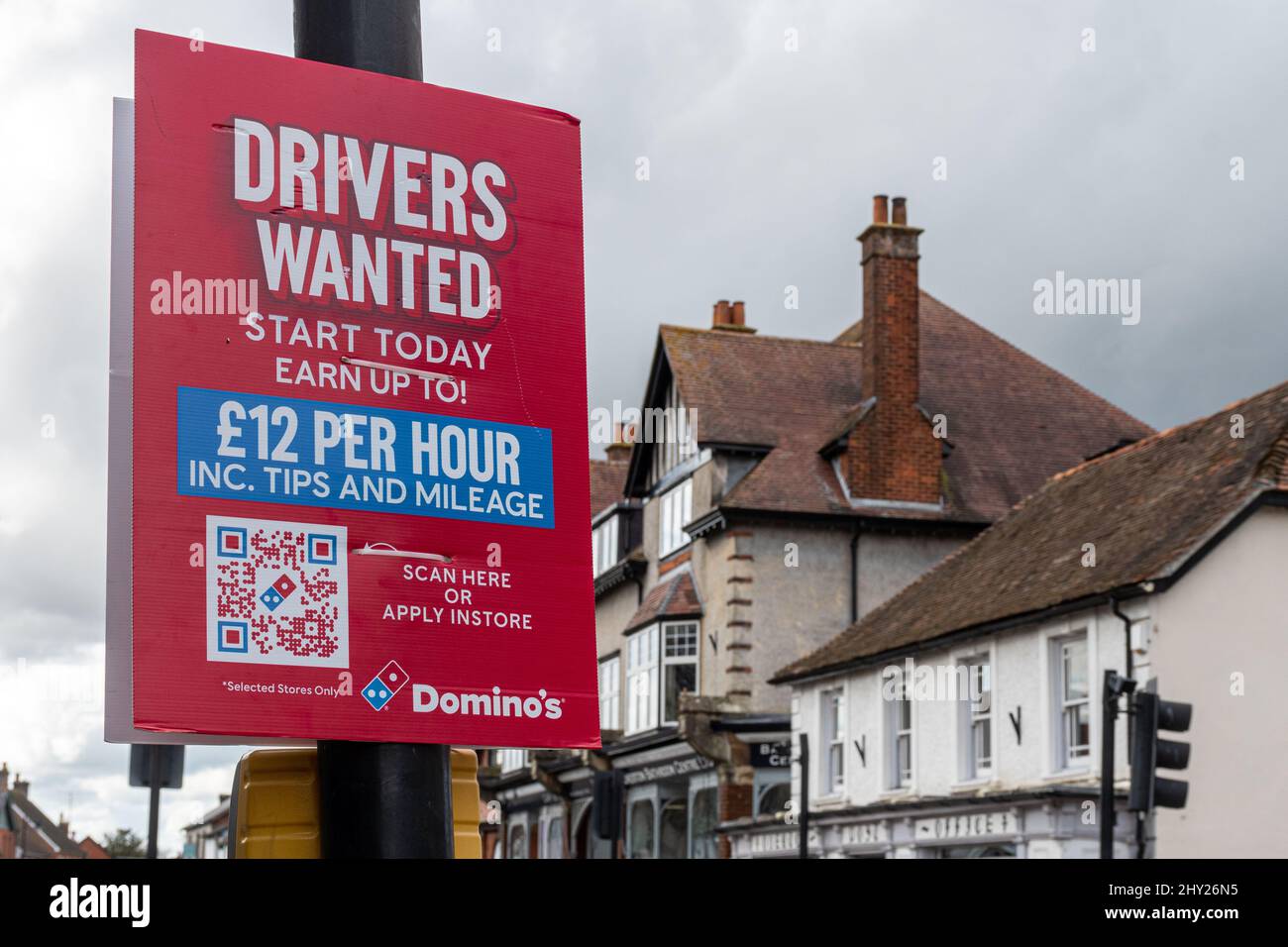 Domino's Pizzas Zeichen Drivers Wanted with Stundentarif, UK Stockfoto