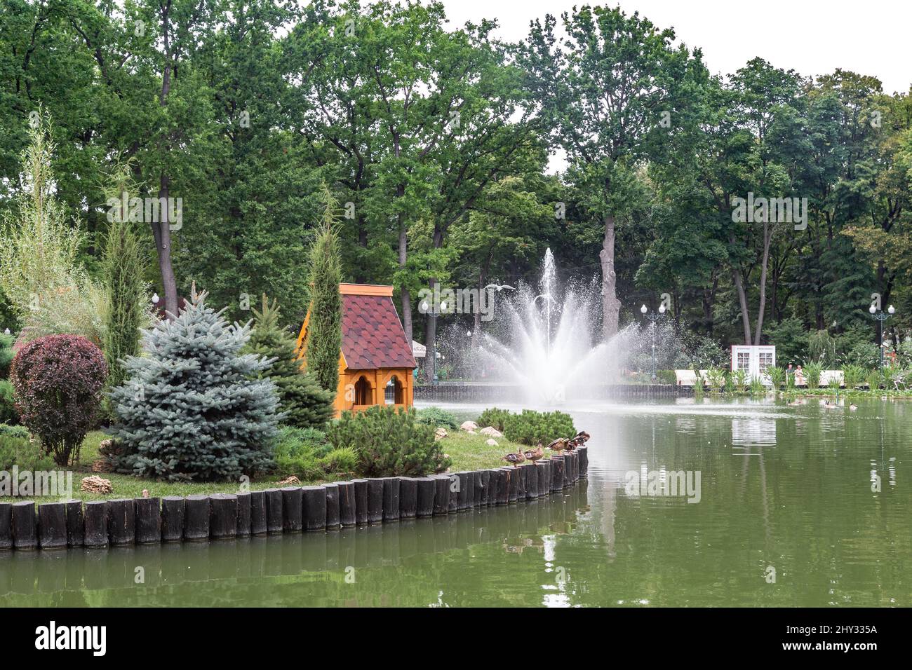 KHARKIV, UKRAINE - 3. AUGUST 2021: Dies ist ein künstlicher Teich mit einem Brunnen und einer künstlichen Insel im Central Park of Culture and Leisure. Stockfoto