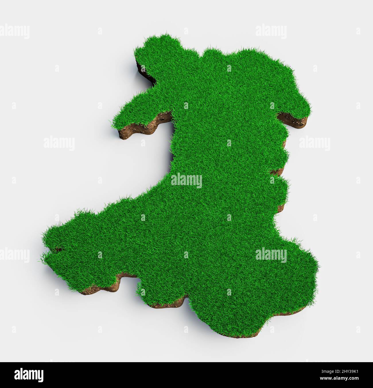 3D Darstellung der geologischen Karte von Wales mit grünem Gras und Gesteinsboden auf weißem Hintergrund Stockfoto