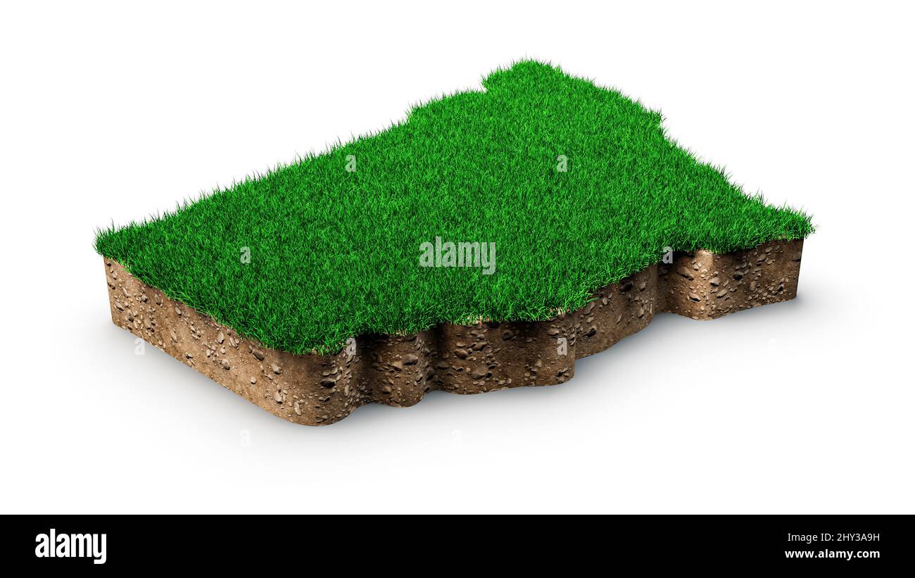 3D Darstellung der geologischen Karte von New South Wales mit grünem Gras und Gesteinsboden Stockfoto