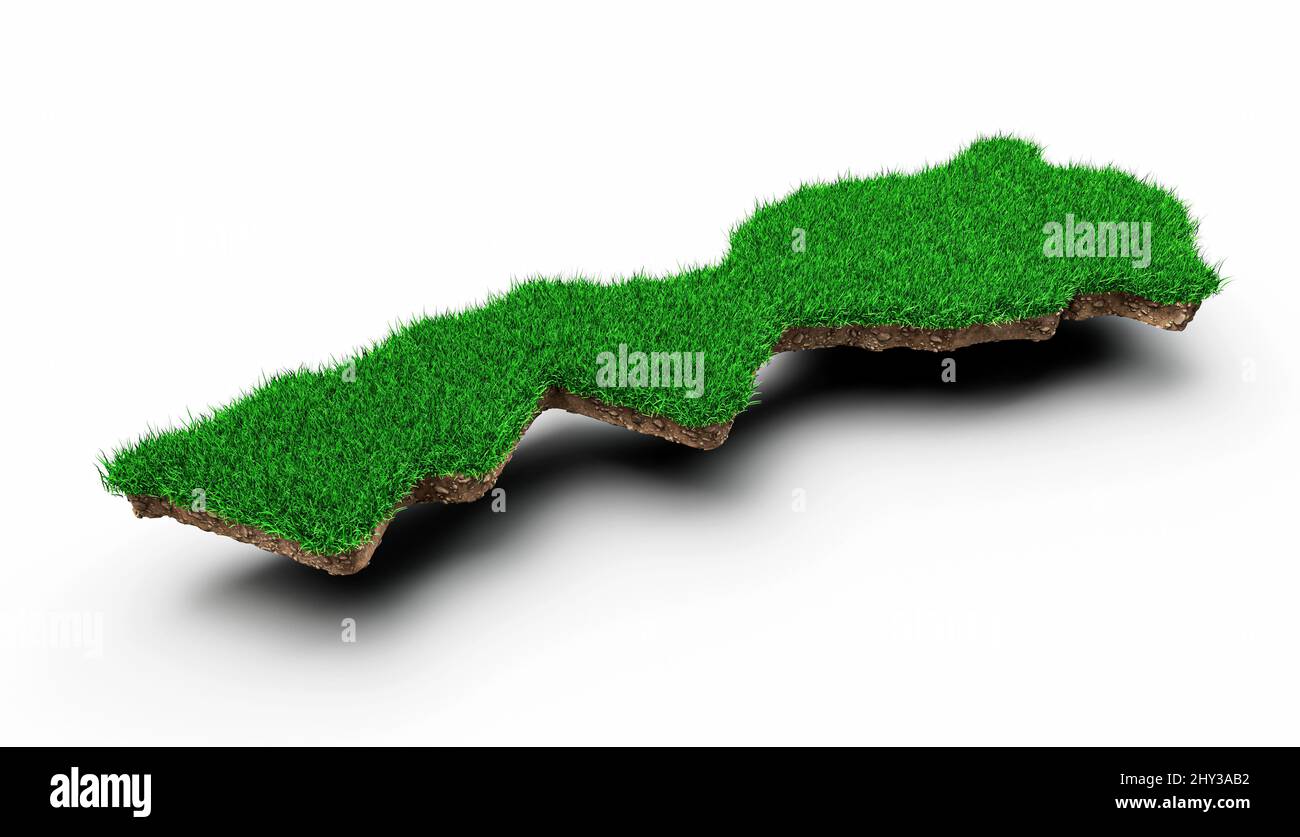 Eine Darstellung der geologischen Karte Marokkos aus dem Jahr 3D mit grünem Gras und Gesteinsboden auf weißem Hintergrund Stockfoto