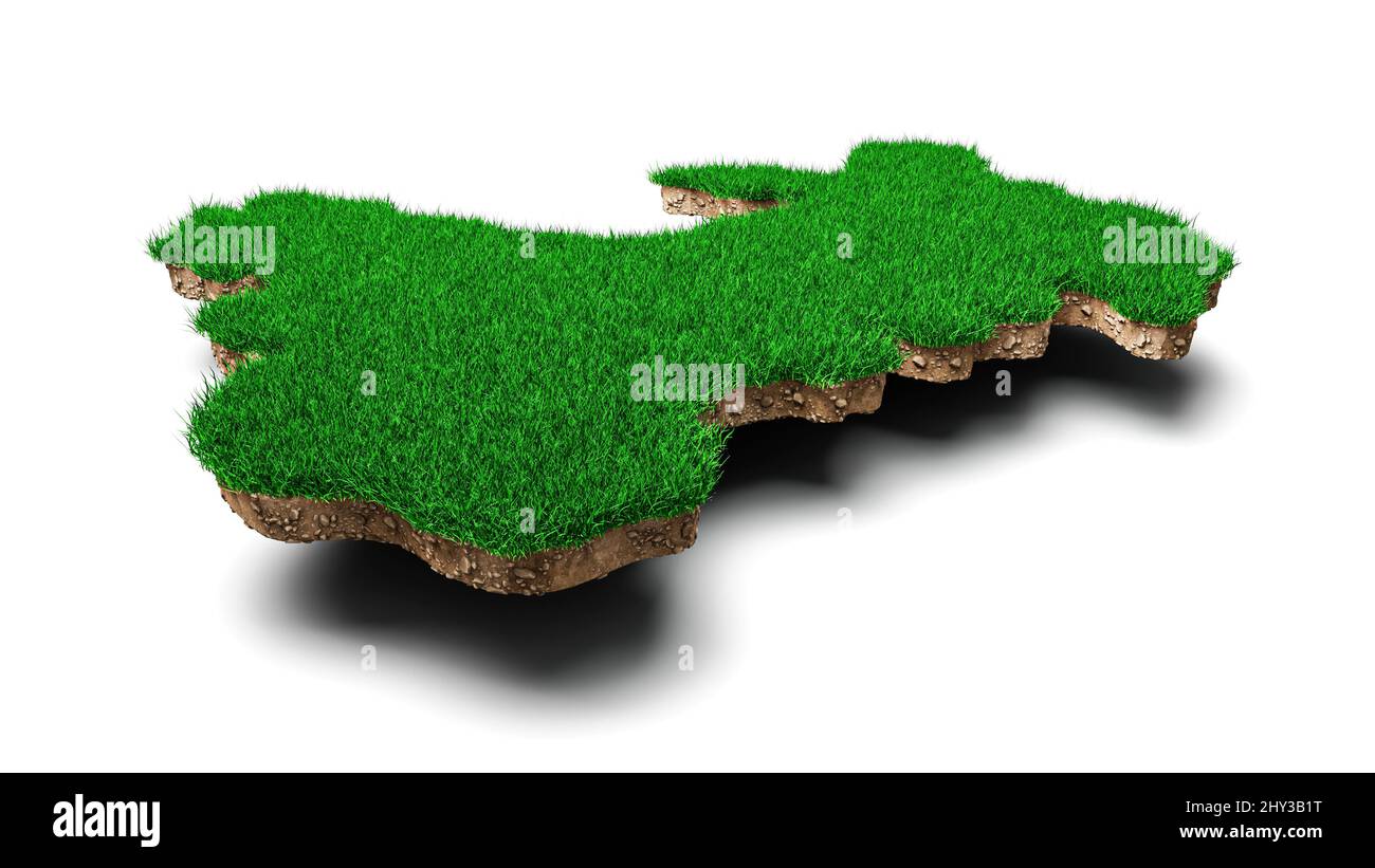 3D Darstellung der geologischen Karte von Wales mit grünem Gras und Gesteinsboden auf weißem Hintergrund Stockfoto