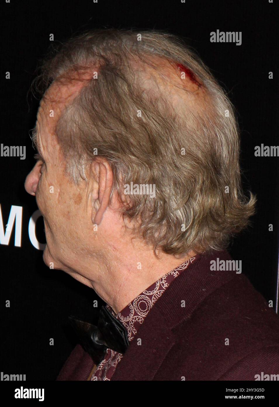 Bill Murray mit einer fies aussehenden Kopfverletzung nimmt an der Premiere von „The Monuments Men“ im Ziegfeld Theatre in New York City Teil. Stockfoto
