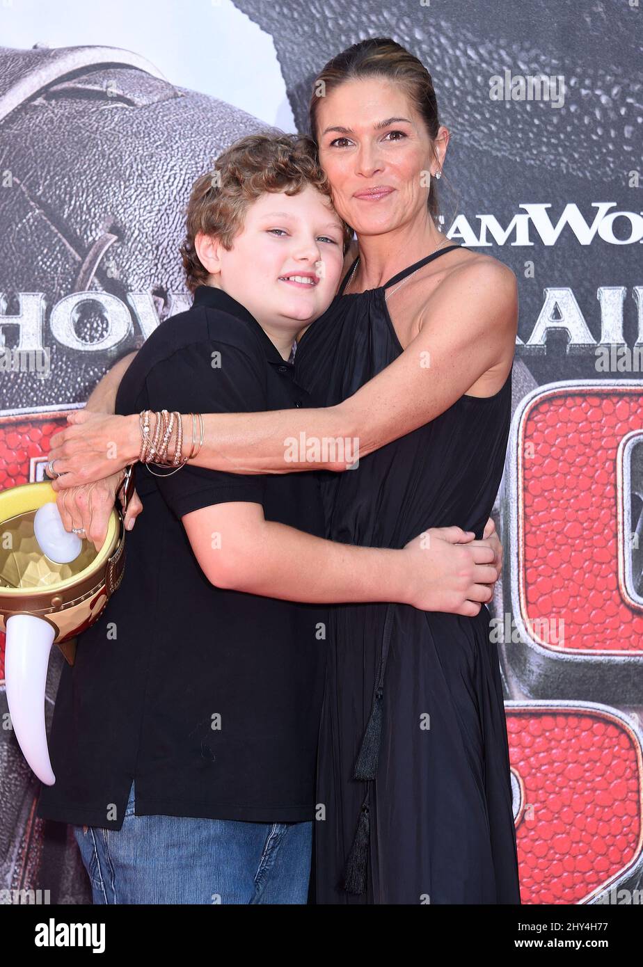 Paige Turco und David O'Mara nehmen an der Premiere von „How to Train Your Dragon 2“ in Los Angeles im Village Theatre, Los Angeles Teil Stockfoto