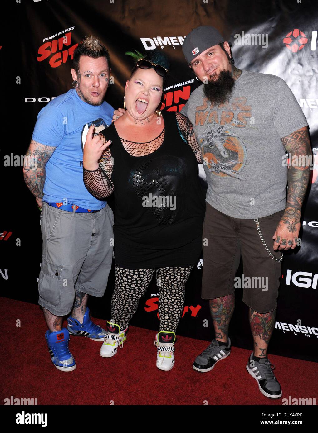 Chirs Jones, Heather Maranda, Chris 51 nimmt an der „Sin City: A Dame to Kill for“ Comic-Con International Party im Hard Rock Hotel, San Diego, Teil. Stockfoto