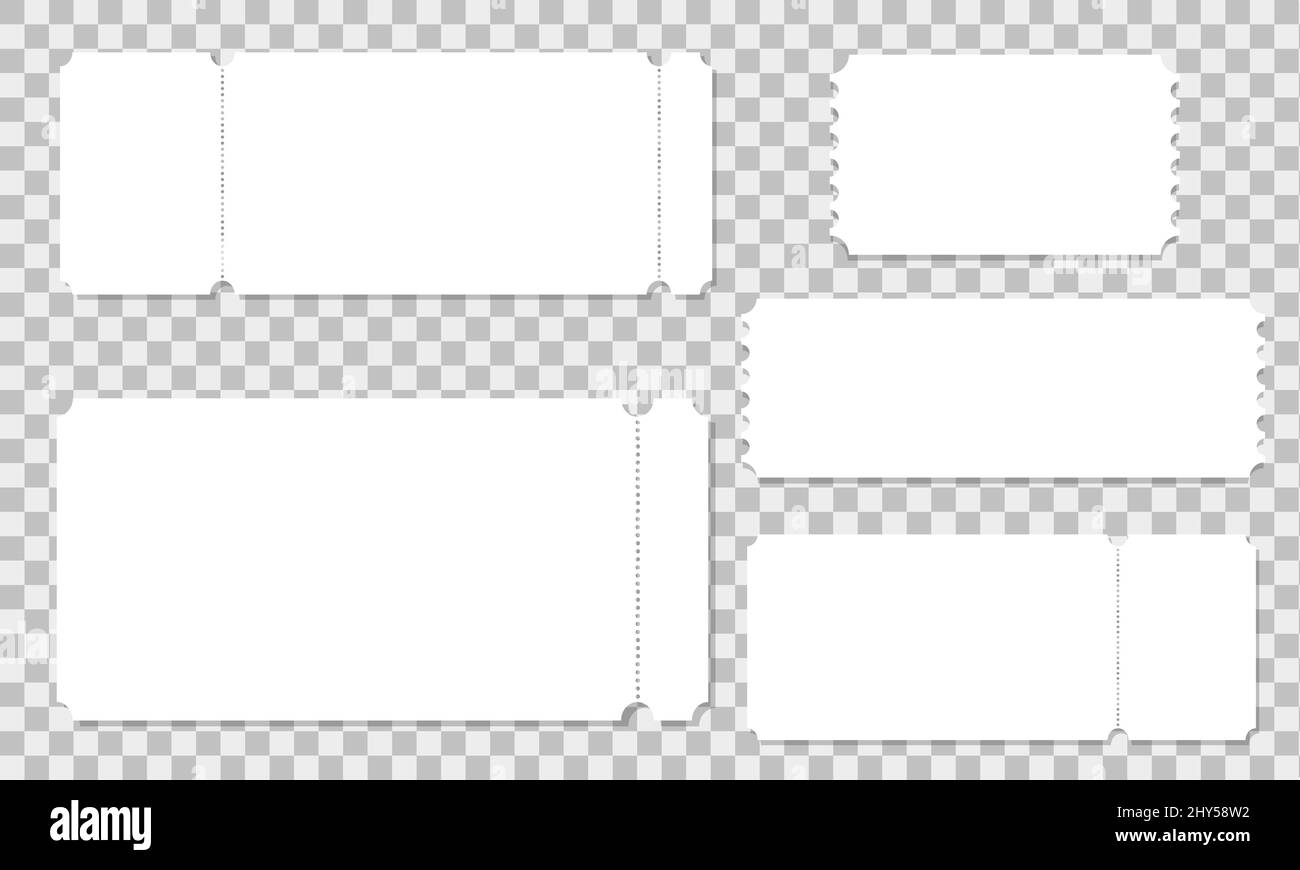 Satz von Ticket-Mockups. Sammlung leerer Papiertickets für Veranstaltung, Konzert, Film, Museum, Festival, Theater, Ausstellung isoliert auf transparentem Hintergrund. Vektorgrafik Stock Vektor