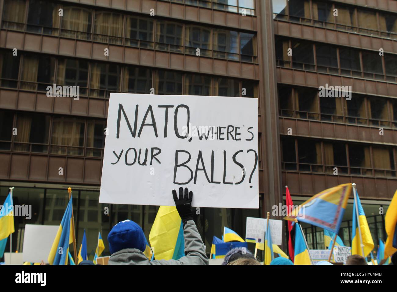 NATO Where's Your Balls Protestschild mit ukrainischen Flaggen am Daley Plaza in Chicag Stockfoto