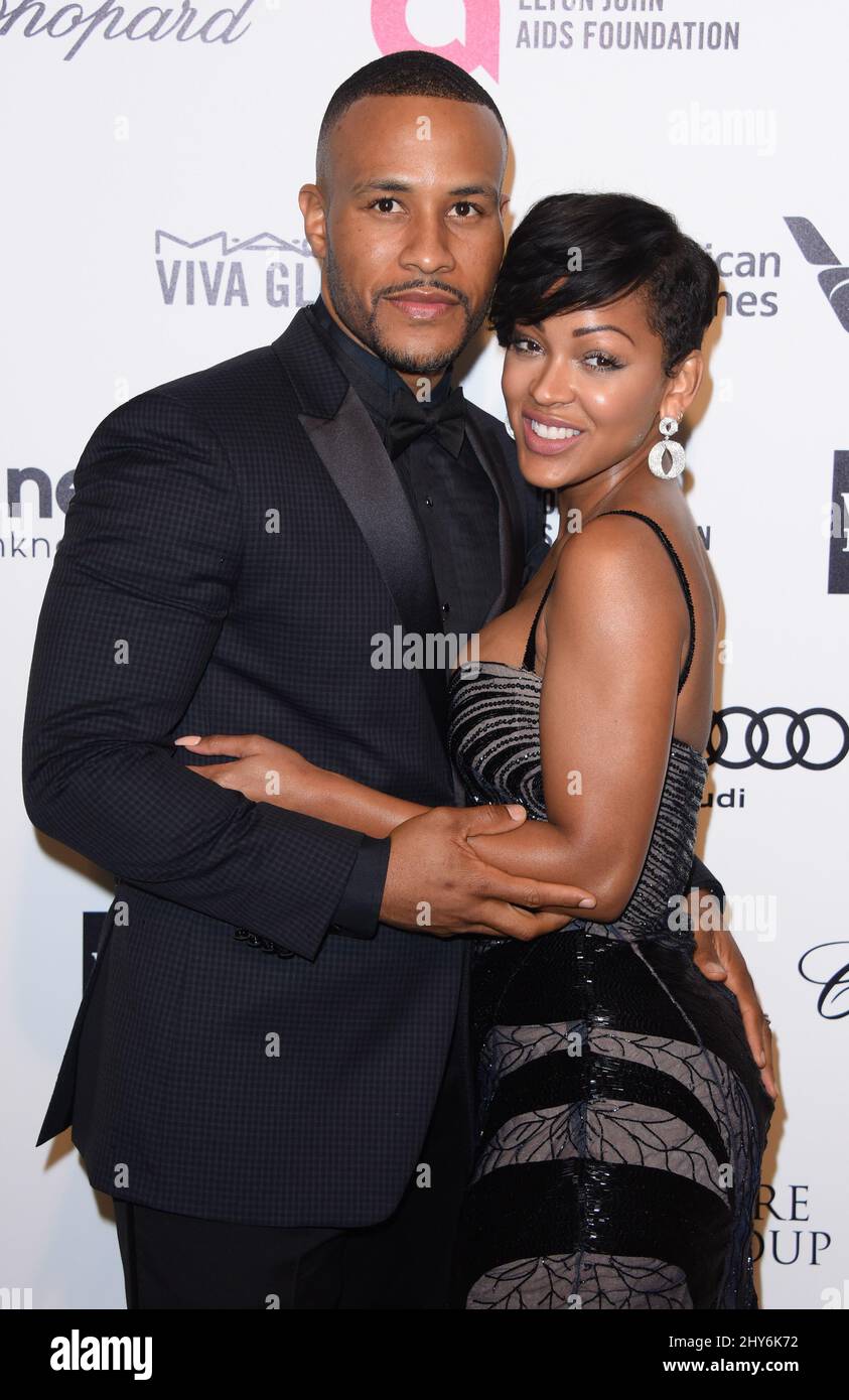 Devon Franklin, Meagan Good kommt bei der Oscar-Party der Elton John AIDS Foundation 87. Awards 2015 an Stockfoto