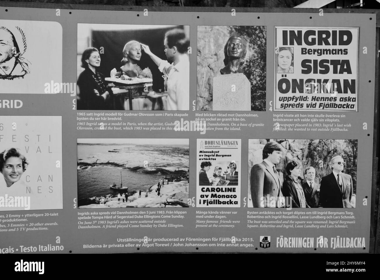 Außenausstellung zum Leben der Schauspielerin und Hollywood-Legende Ingrid Bergman auf dem Ingrid Bergman Platz im Hafen von Fjällbacka an der Westküste Schwedens Stockfoto