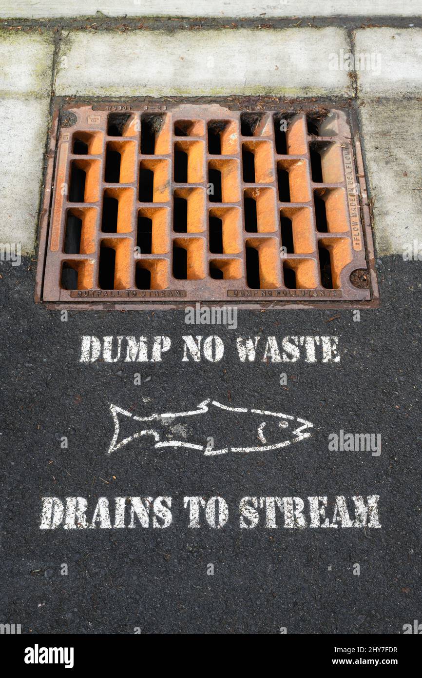 Redmond, WA, USA - 13. März 2022; Dump No Waste - Drains to Stream mit Sturmabfluss und Fischskizze in der Innenstadt von Redmond Washington Stockfoto
