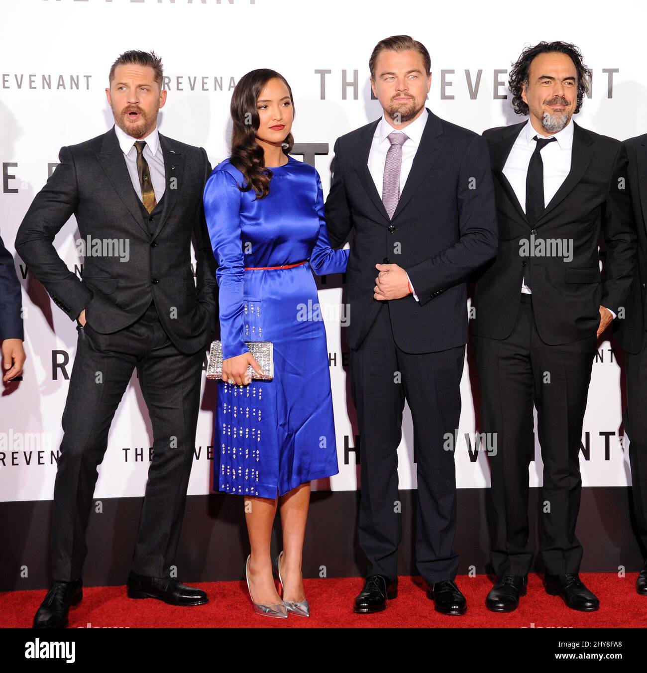 Alejandro Gonzalez Inarritu, Grace Dove, Leonardo DiCaprio, Tom Hardy nehmen an der Premiere von „The Revenant“ in Los Angeles im TCL Chinese Theatre Teil Stockfoto