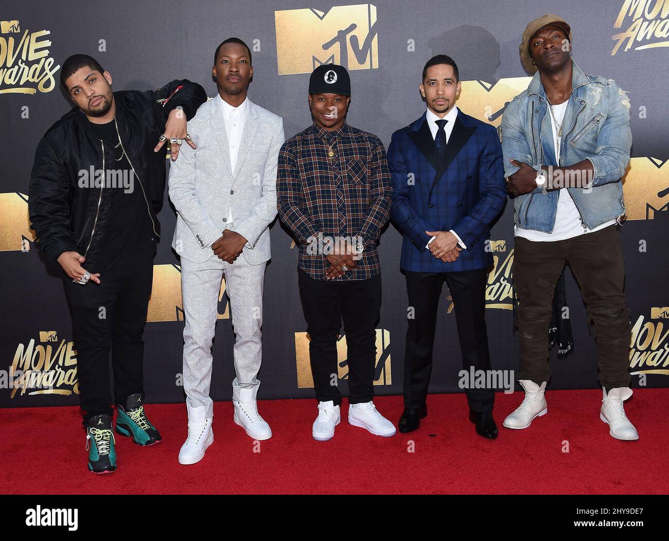 O'Shea Jackson Jr., Corey Hawkins, Jason Mitchell, Neil Brown Jr. & Aldis Hodge bei den MTV Movie Awards 2016 in den Warner Bros. Studios in Los Angeles, USA. Stockfoto