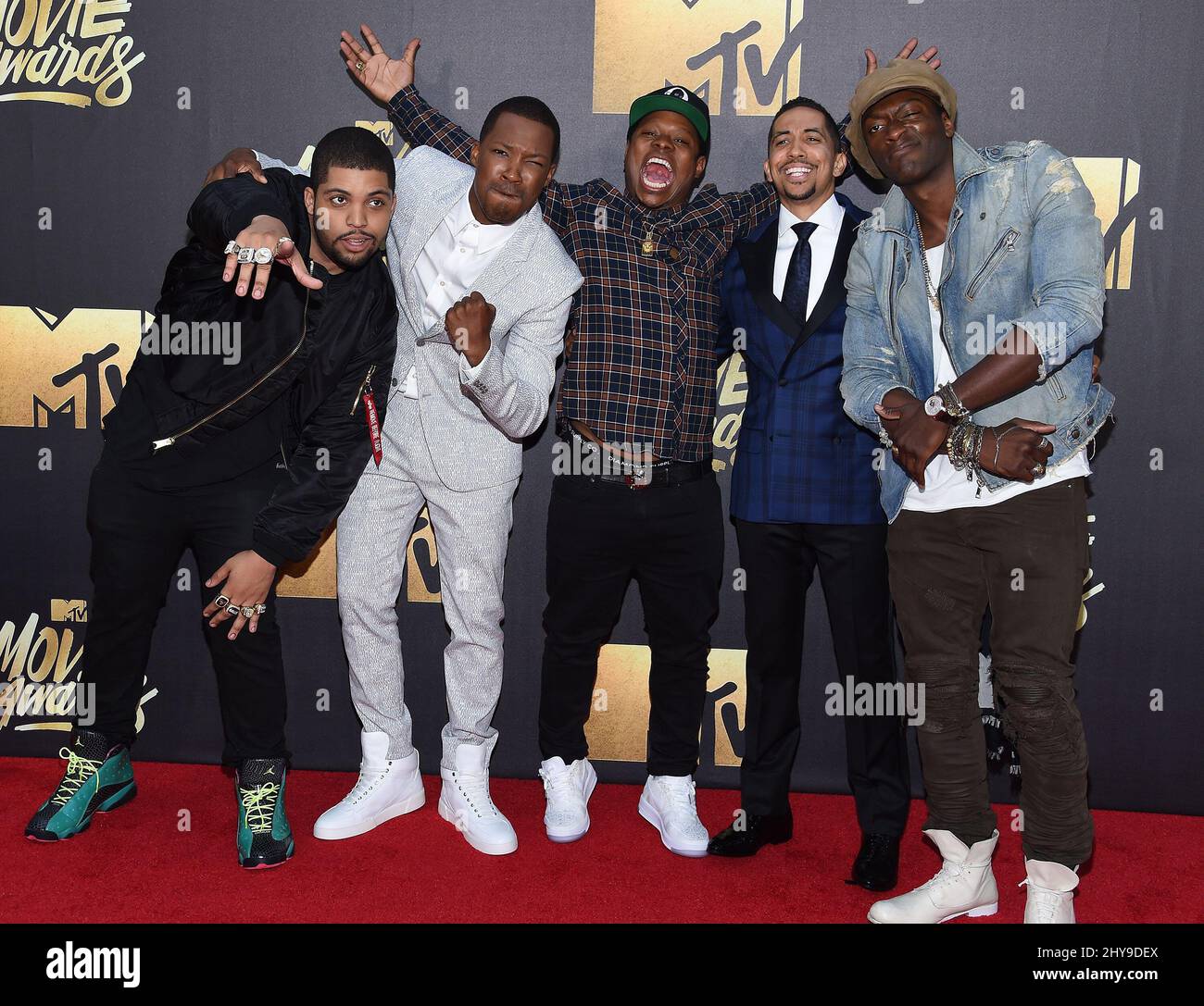 O'Shea Jackson Jr., Corey Hawkins, Jason Mitchell, Neil Brown Jr. & Aldis Hodge bei den MTV Movie Awards 2016 in den Warner Bros. Studios in Los Angeles, USA. Stockfoto