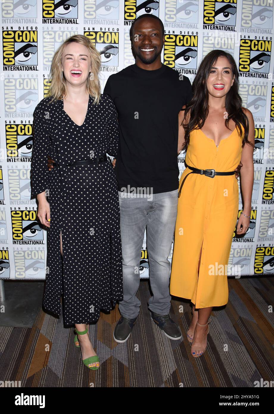 Ashley Johnson, Rob Brown und Audrey Esparza nehmen an der „Blindspot“-Cast-Veranstaltung von NBC auf der Comic-Con 2016 im Bayfront Hilton Hotel Teil Stockfoto