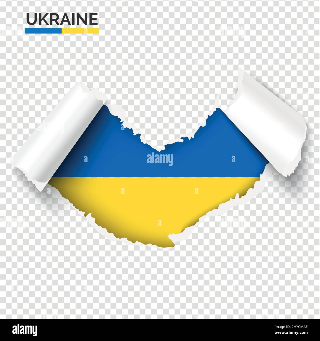 Unterstützung des Ukraine-Konzepts. Loch in Papier mit gerollter Seite und ukrainischer Flagge innen. Herz Form Papier Loch realistische Vektor-Illustration Stock Vektor