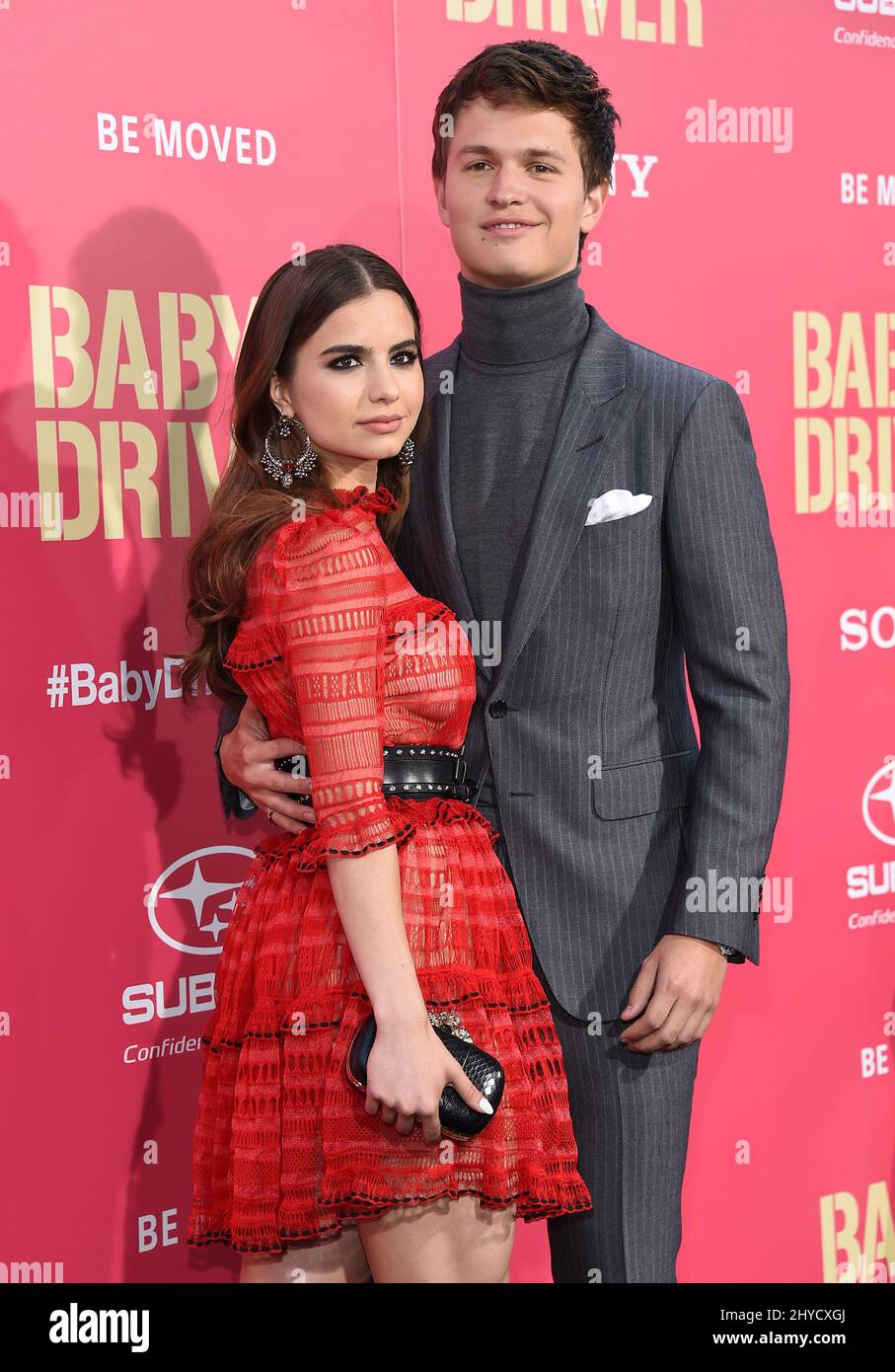 Violetta Komyshan und Ansel Elgort bei der Premiere von „The Baby Driver“ im Ace Hotel Downtown in Los Angeles, USA Stockfoto