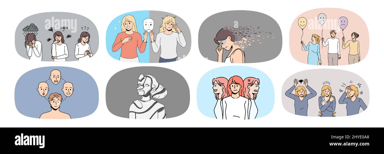 Set von notleidenden Menschen kämpfen mit Stimmungsschwankungen oder bipolare Störung benötigen psychologische Hilfe. Sammlung von ungesunden gestressten Menschen haben psychische Probleme. Schizophrenie. Vektorgrafik. Stock Vektor