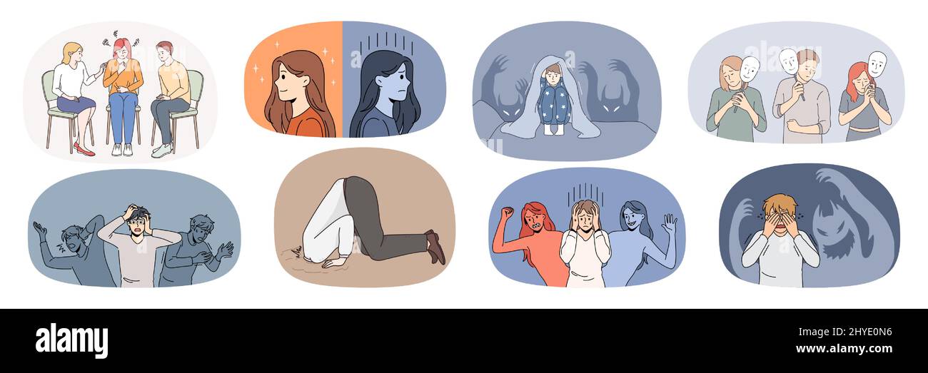 Gruppe unglücklicher kranker Menschen leiden unter psychischen Problemen. Sammlung von verängstigten emotionalen Männern und Frauen kämpfen mit Panikattacken oder bipolaren Störungen. Vektorgrafik. Stock Vektor