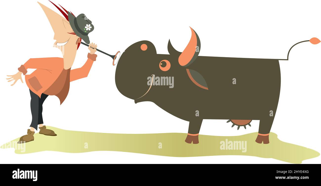 Cartoon Tierarzt oder Landwirt und Kuh Illustration. Lustiger Mann im Hut untersucht eine lächelnde Kuh durch Endoskop isoliert auf weißem Hintergrund Stock Vektor