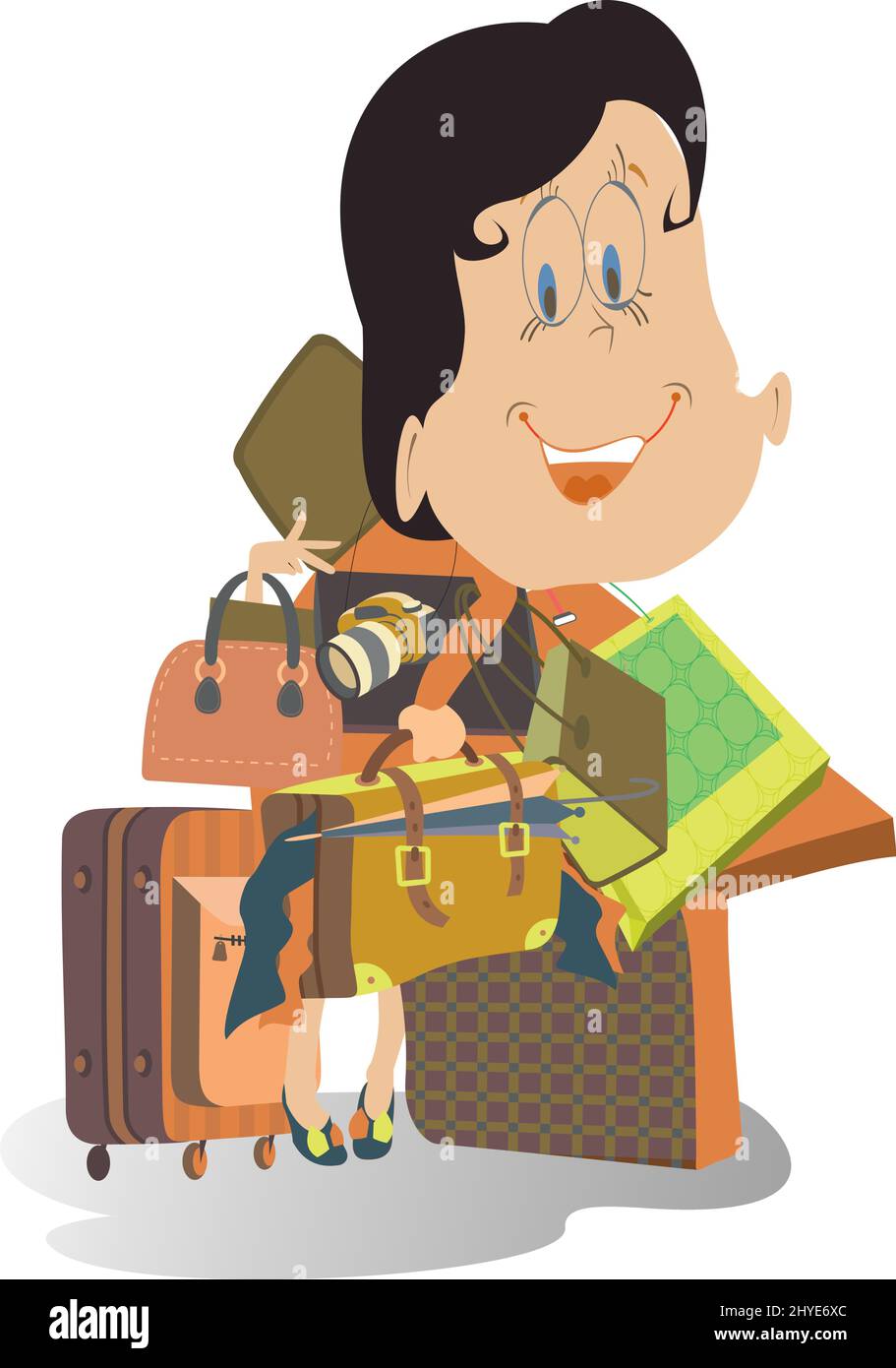 Cartoon junge Frau hält eine Menge Taschen, Kamera und Regenschirm. Frau mit einem großen Gepäck oder viel Kauf wird auf Reisen oder Einkaufen gehen Stock Vektor