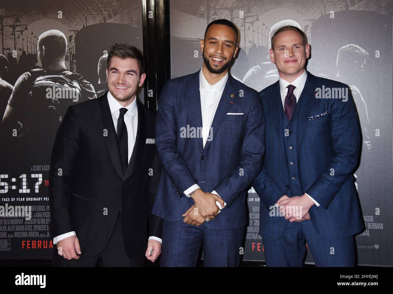 Alek Skarlatos, Anthony Sadler und Spencer Stone bei der Weltpremiere „The 15:17 to Paris“, die am 5. Februar 2018 im Warner Bros. Studio SJR Theatre in Burbank, CA, stattfand. Stockfoto