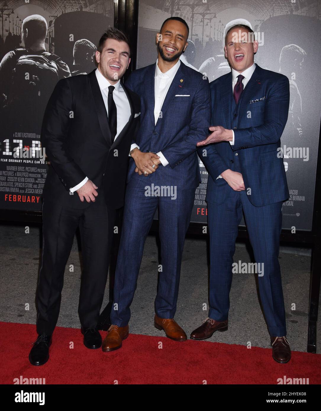 Alek Skarlatos, Anthony Sadler und Spencer Stone bei der Weltpremiere „The 15:17 to Paris“, die am 5. Februar 2018 im Warner Bros. Studio SJR Theatre in Burbank, CA, stattfand. Stockfoto