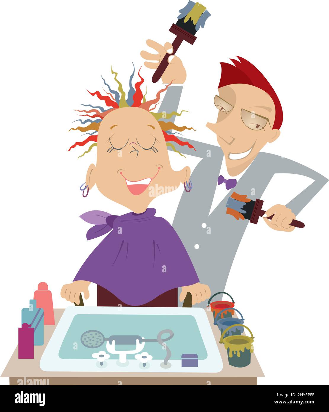 Friseur malt Haare der Frau Illustration. Lustige Cartoon Friseur macht