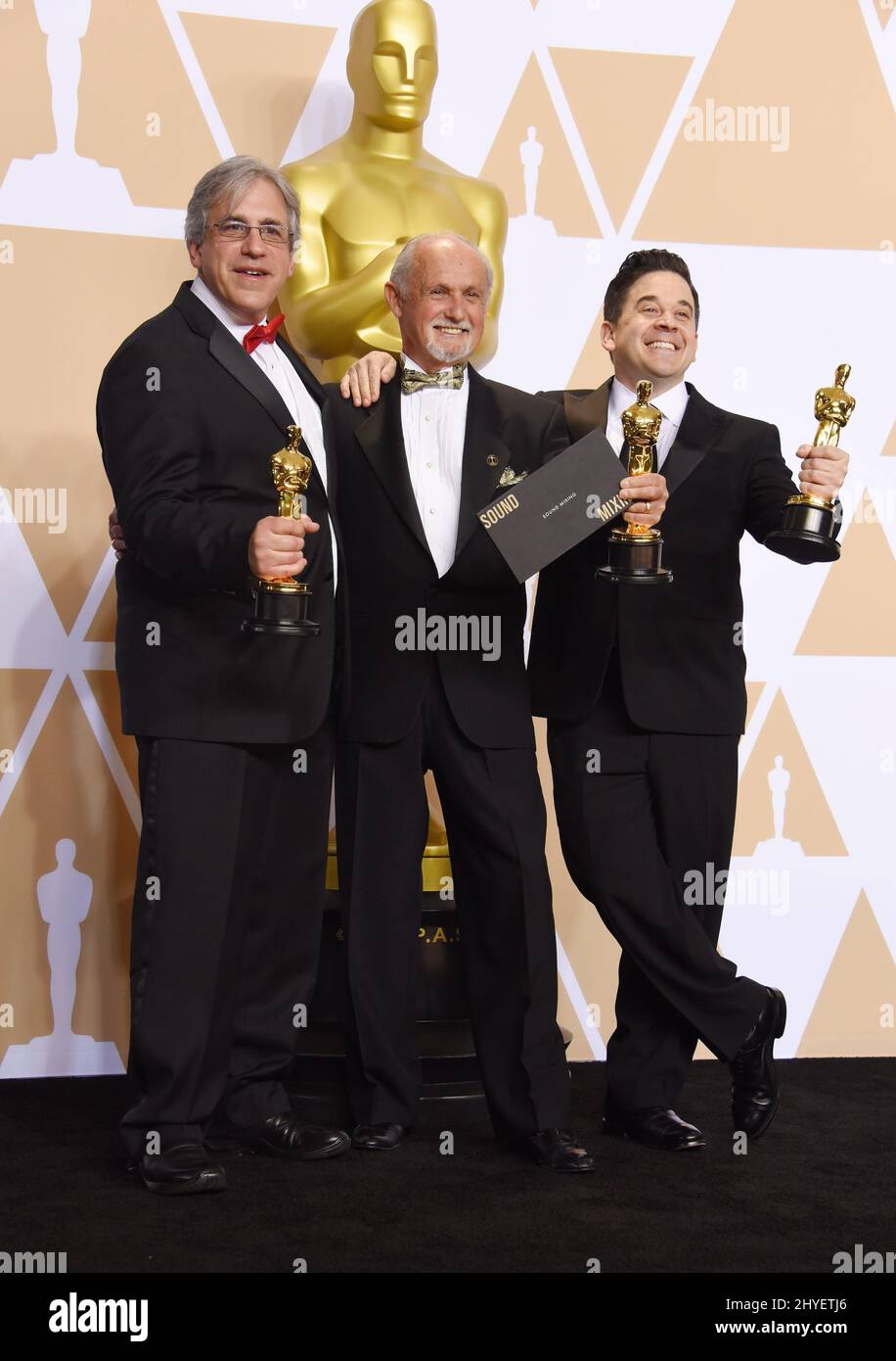 Gregg Landaker, Gary A. Rizzo und Mark Weingarten im Pressesaal der Academy Awards 90. Stockfoto