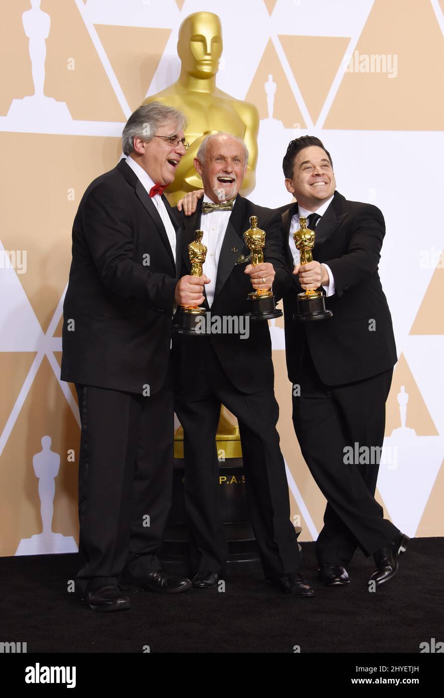 Gregg Landaker, Gary A. Rizzo und Mark Weingarten im Pressesaal der Academy Awards 90. Stockfoto