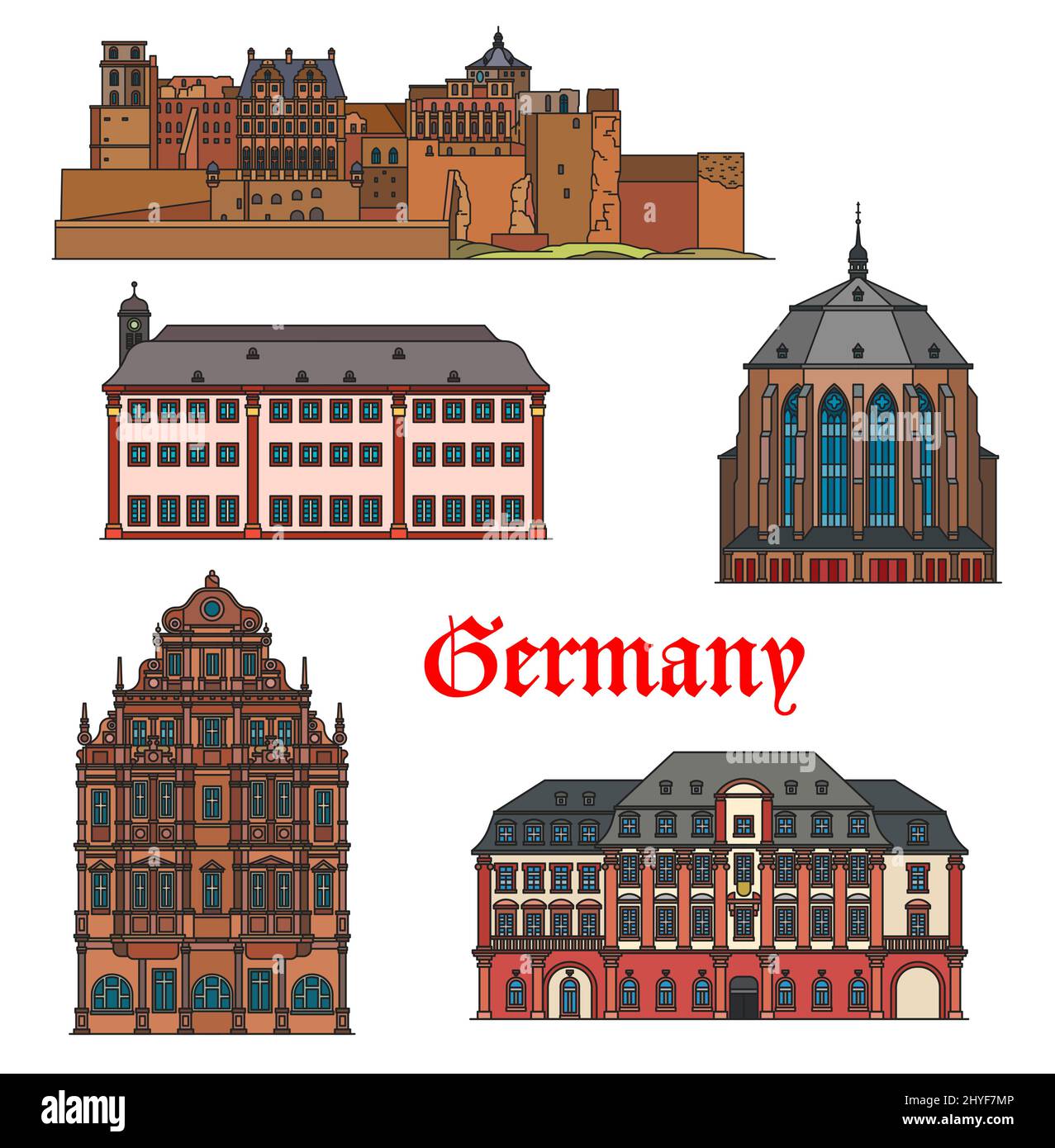 Architektur in Deutschland, Heidelberger Kirchen und Schlösser, Architektur und Reisevektoren. Deutsch-Württembergische Heiliggeistkirche, Haus zum Ritter, Schloss Schlossberg und Ruprecht-Karl-Universität Stock Vektor