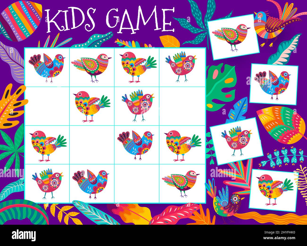 Sudoku Kinder Spiel. Cartoon alebrije mexikanische Vögel. Vektor