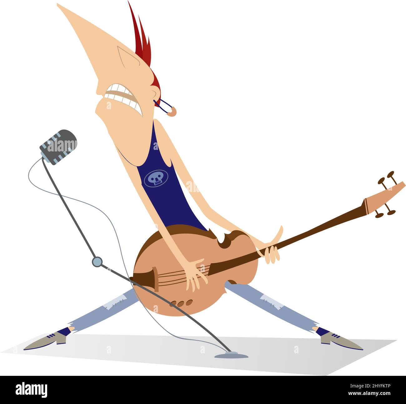 Cartoon Singing Gitarrist isolierte Illustration. Lustiger Gitarrist spielt E-Gitarre und singt auf weißem Hintergrund isoliert zum Mikrofon Stock Vektor