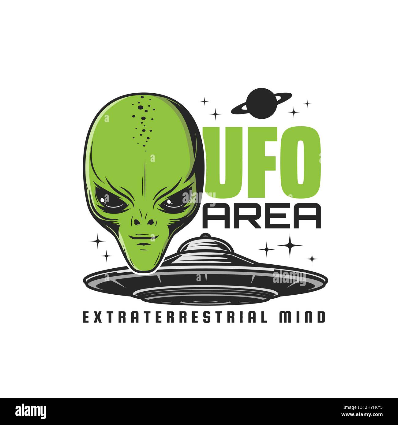 UFO-Zone, Alien-Raumschiff-Symbol. Aliens Aktivitätsbereich, außerirdische Wesen Raumschiff Vektor-Emblem oder Symbol mit humanoider Kreatur grünes Gesicht, fliegende Untertasse oder Scheibe Raumschiff, saturn-Planet und Sterne Stock Vektor