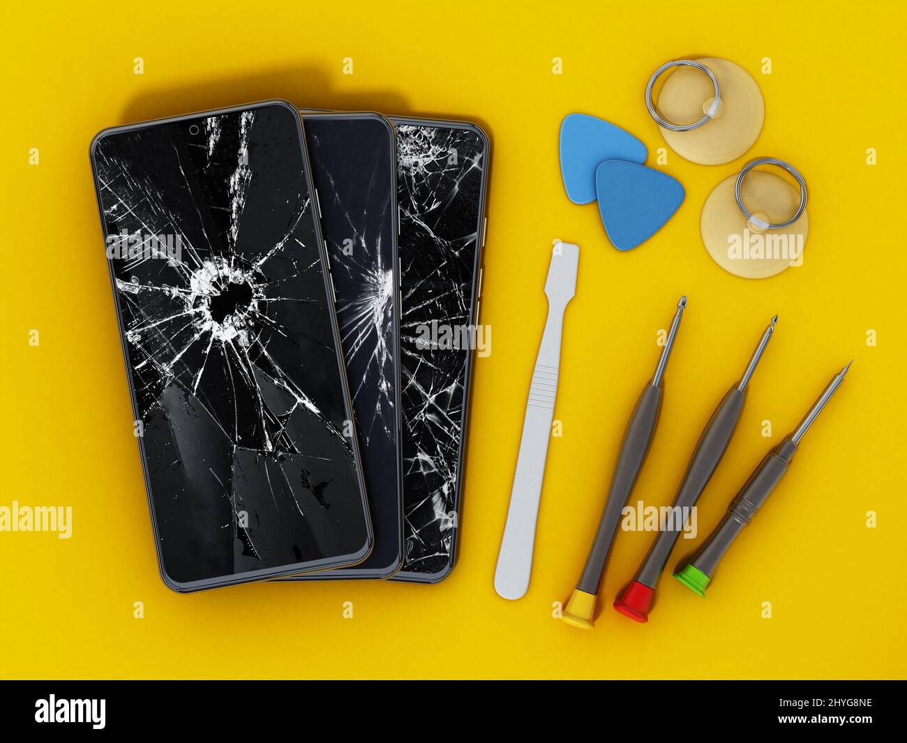 Reparatur-Tools und Smartphones mit defekten Bildschirmen isoliert auf gelbem Hintergrund. 3D Abbildung. Stockfoto