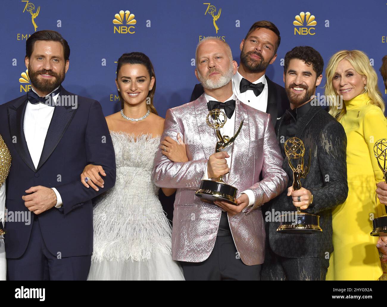 Edgar Ramirez, Penelope Cruz, Ryan Murphy, Ricky Martin, Darren Criss und Judith Light bei den Primetime Emmy Awards 70. im Microsoft Theater L.A. Live am 17. September 2018 in Los Angeles, USA. Stockfoto