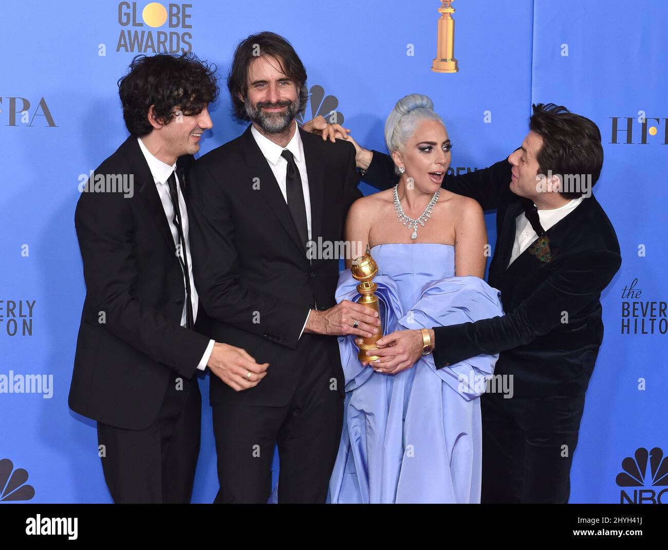 Anthony Rossomando, Andrew Wyatt, Lady Gaga und Mark Ronson bei den jährlichen Golden Globe Awards 76., die am 6. Januar 2019 im Beverly Hilton Hotel in Beverly Hills, CA, verliehen wurden. Stockfoto