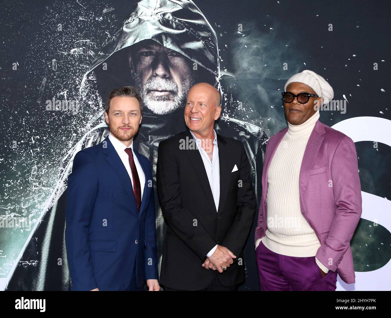 James McAvoy, Bruce Willis & Samuel L. Jackson bei der „Glass“ New York Premiere im SVA Theater am 15. Januar 2019 in New York City, NY Stockfoto