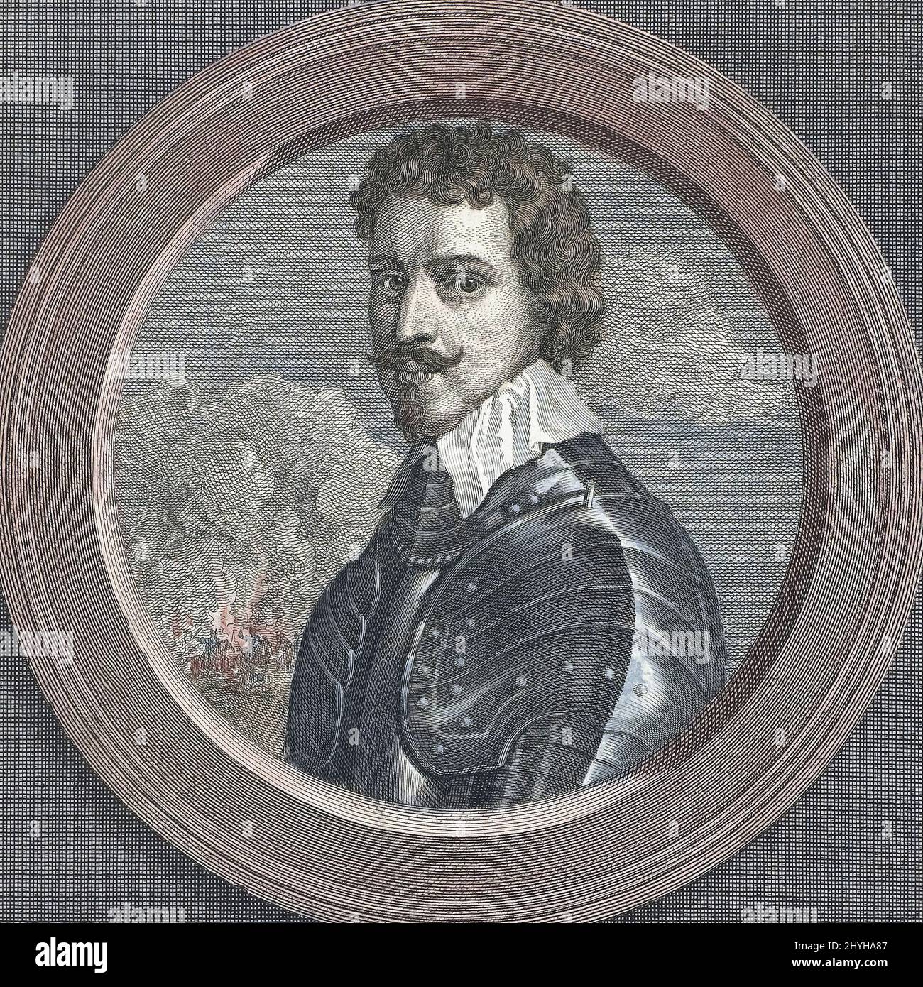 Thomas Wentworth, 1. Earl of Strafford, 1593 - 1641. Baron of Raby aka Sir Thomas Wentworth Baron of Newmarch and Oversley. Der englische Staatsmann wurde hingerichtet, nachdem ein Gesetzentwurf des Attainders vom Parlament gegen ihn erhoben worden war. Nach einer Arbeit von Charles Louis Simonneau nach einem Gemälde von Adriaen van der Werff. Spätere Farbgebung. Stockfoto