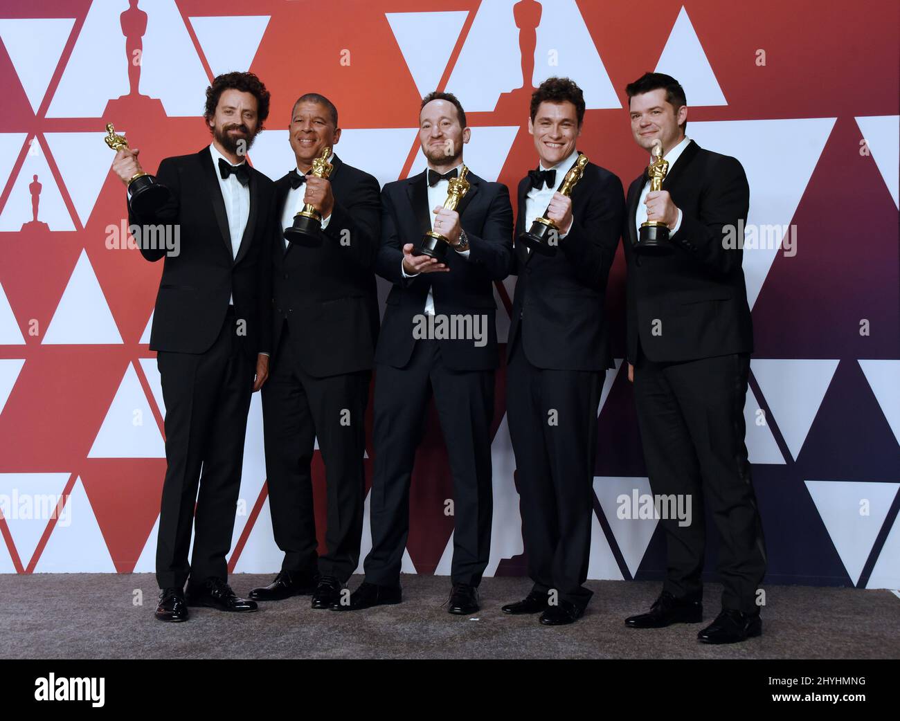 Bob Persichetti, Peter Ramsey, Rodney Rothman, Phil Lord und Christopher Miller bei den „Annual Academy Awards 91.“ - Presseraum im Dolby Theater Stockfoto