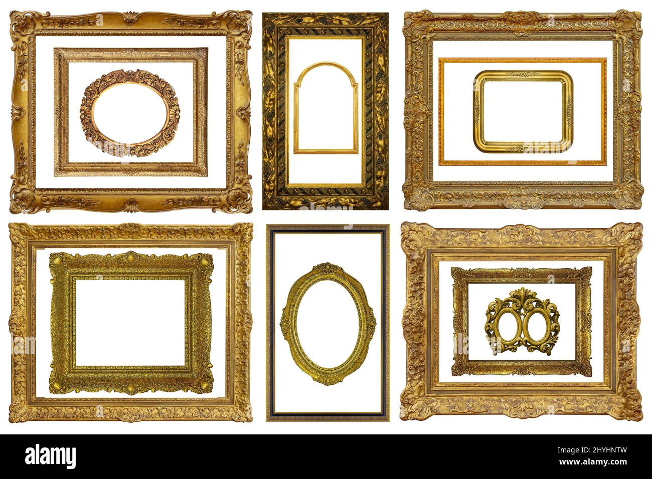 Set aus verschiedenen Dekorativen Vintage vergoldeten goldenen Holzrahmen auf weißem Hintergrund isoliert Stockfoto