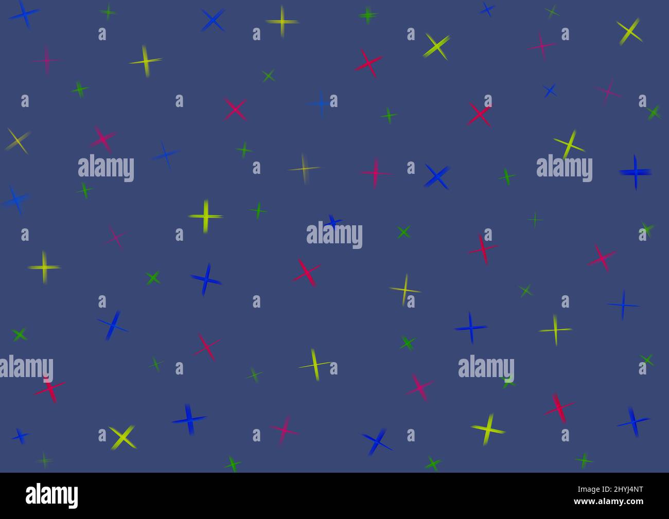 Art abstrakt marineblauer Hintergrund mit roten, gelben und grünen Sternen Muster. Mehrfarbiger Blitz beleuchtete Kulisse mit Galaxie-Grafik-Design. Funke Stockfoto