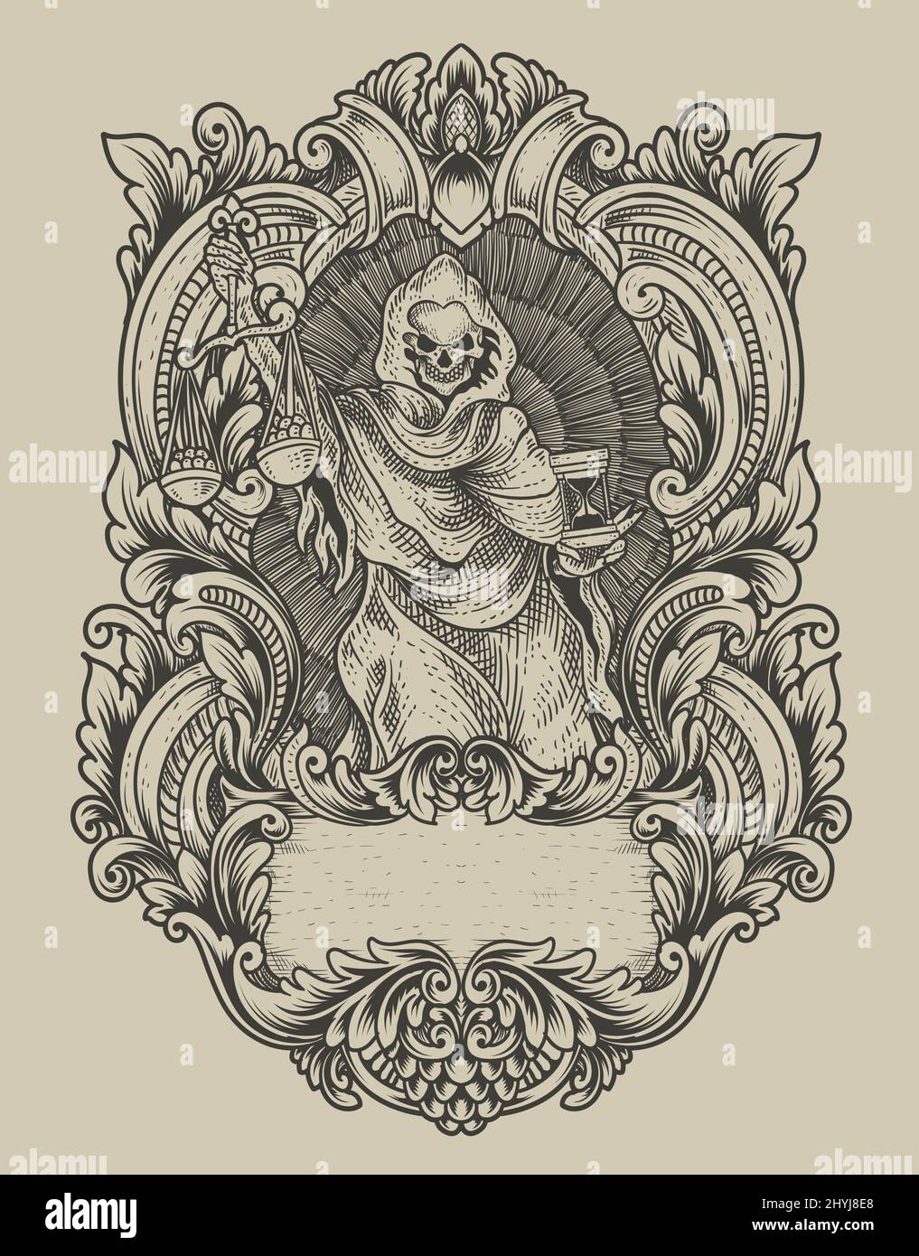 Illustration Gerechtigkeit Todesengel mit Vintage Gravur Ornament Stock Vektor