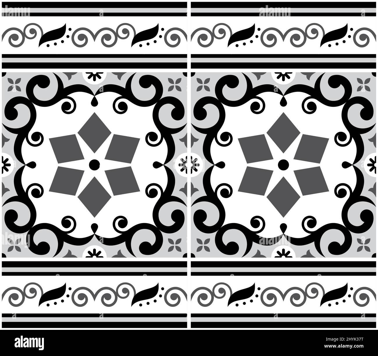 Portugiesische Azulejo Fliesen nahtlose Vektor-Muster, graues Retro-Design mit Rahmen oder Grenze, Blumen, Wirbel und geometrische Formen Stock Vektor