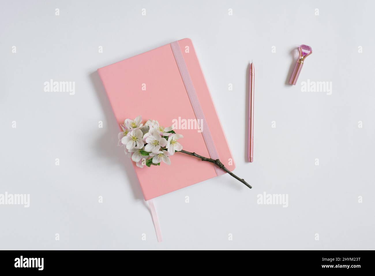 Moderne flache Laie, Krankenhaus, rosa Notizblock oder Planer mit einem Stift und Apfelblumen auf einem weißen Tisch. Am besten für Social Media, Blogging Stockfoto