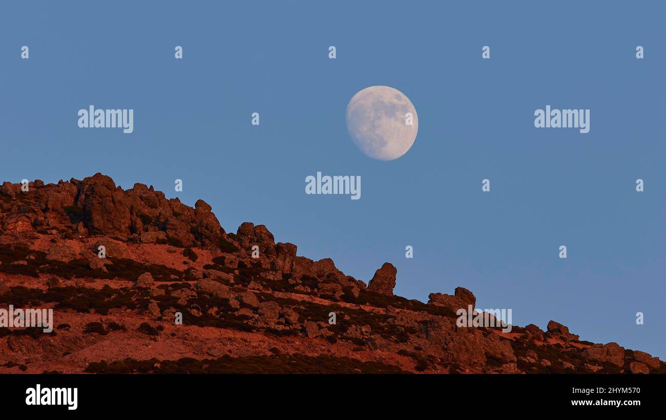 Abendlicht, Vollmond, klarer blauer Himmel, Mond über roten Felsen, höchster Berg der Insel, Profitis Ilias, Insel Milos, Kykladen, Griechenland Stockfoto