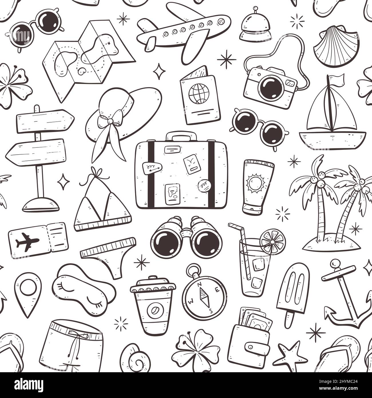 Musterdesign mit Sommer- und Urlaubsobjekten. Isolierte Elemente auf weißem Hintergrund. Doodle-Version. Stock Vektor